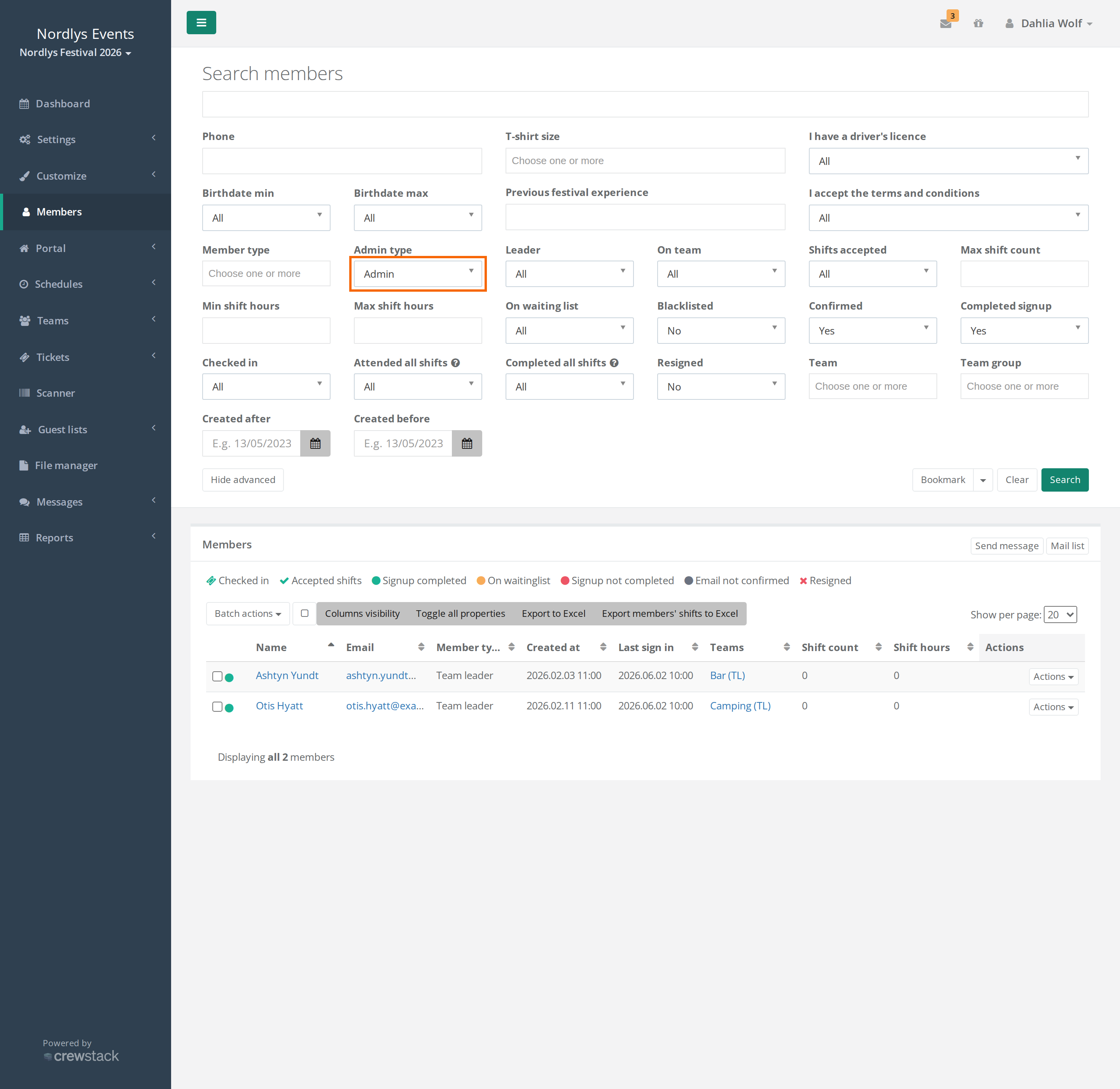 Advanced search on Members with Admin type set to Admin