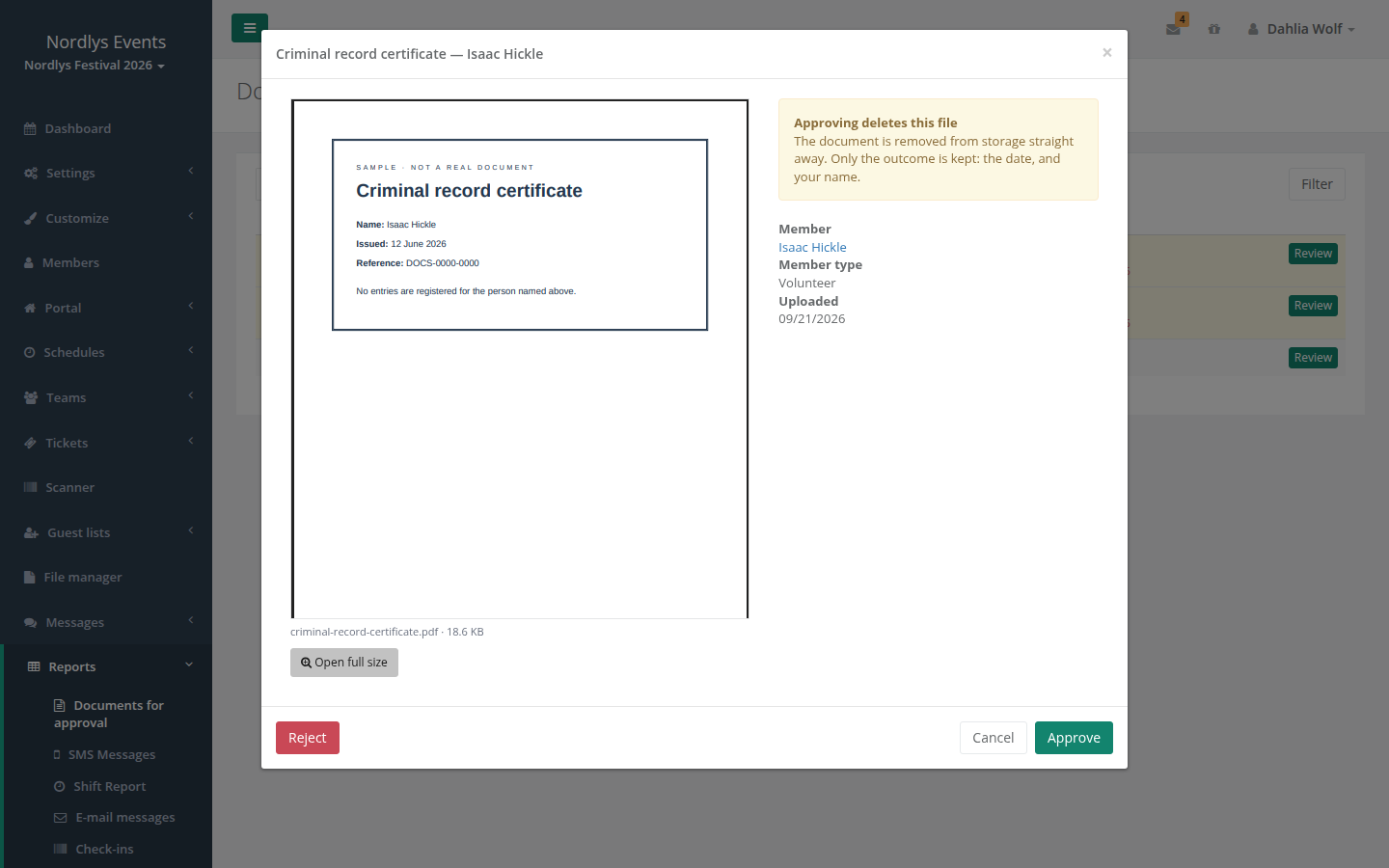 The review window with a PDF on the left and the warning, Reject and Approve on the right