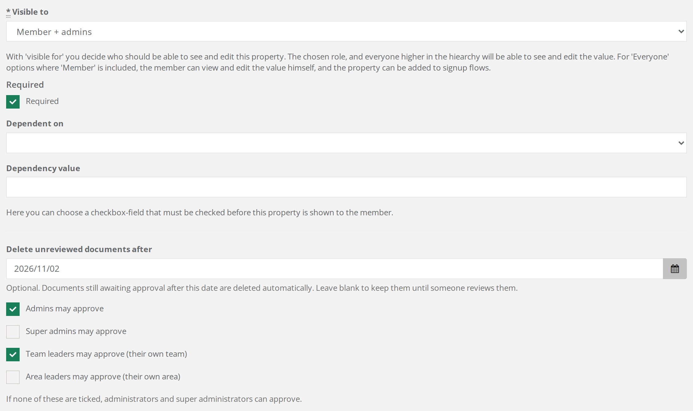 The Document for approval field form with the four approver checkboxes and the Delete unreviewed documents after date
