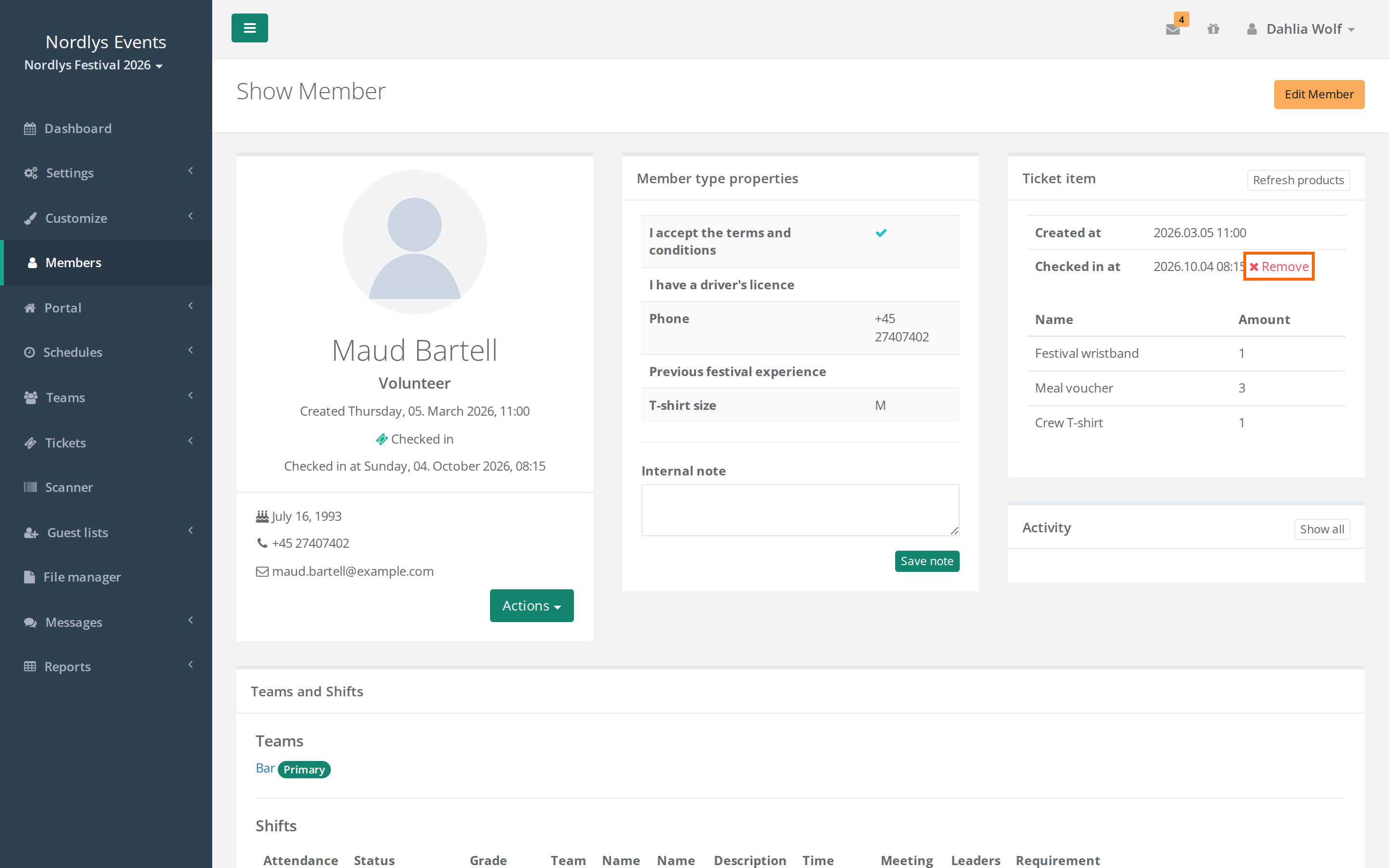 a crew member's profile with Checked in at under the name and the Ticket item box with Checked in at and the Remove button