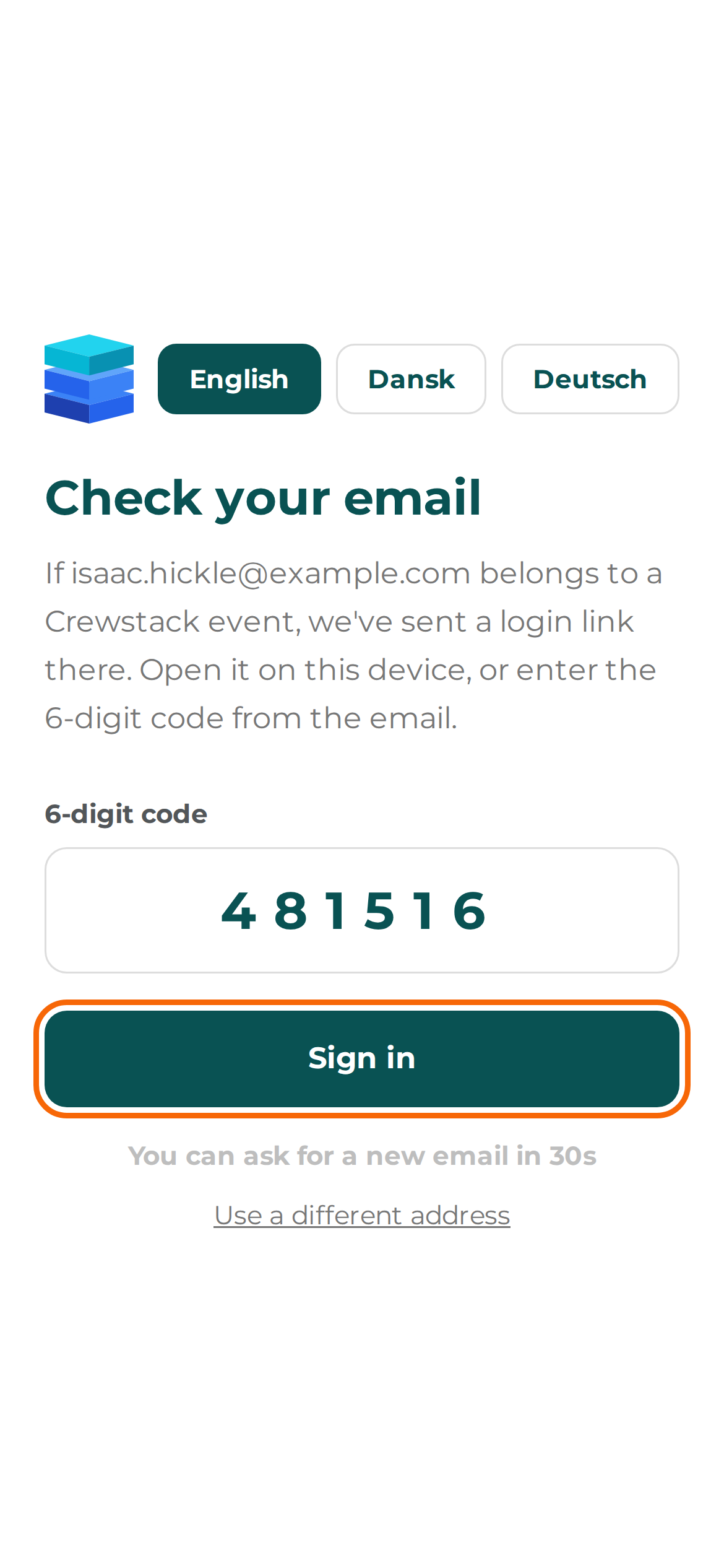 The Crewstack app where the 6-digit code is entered