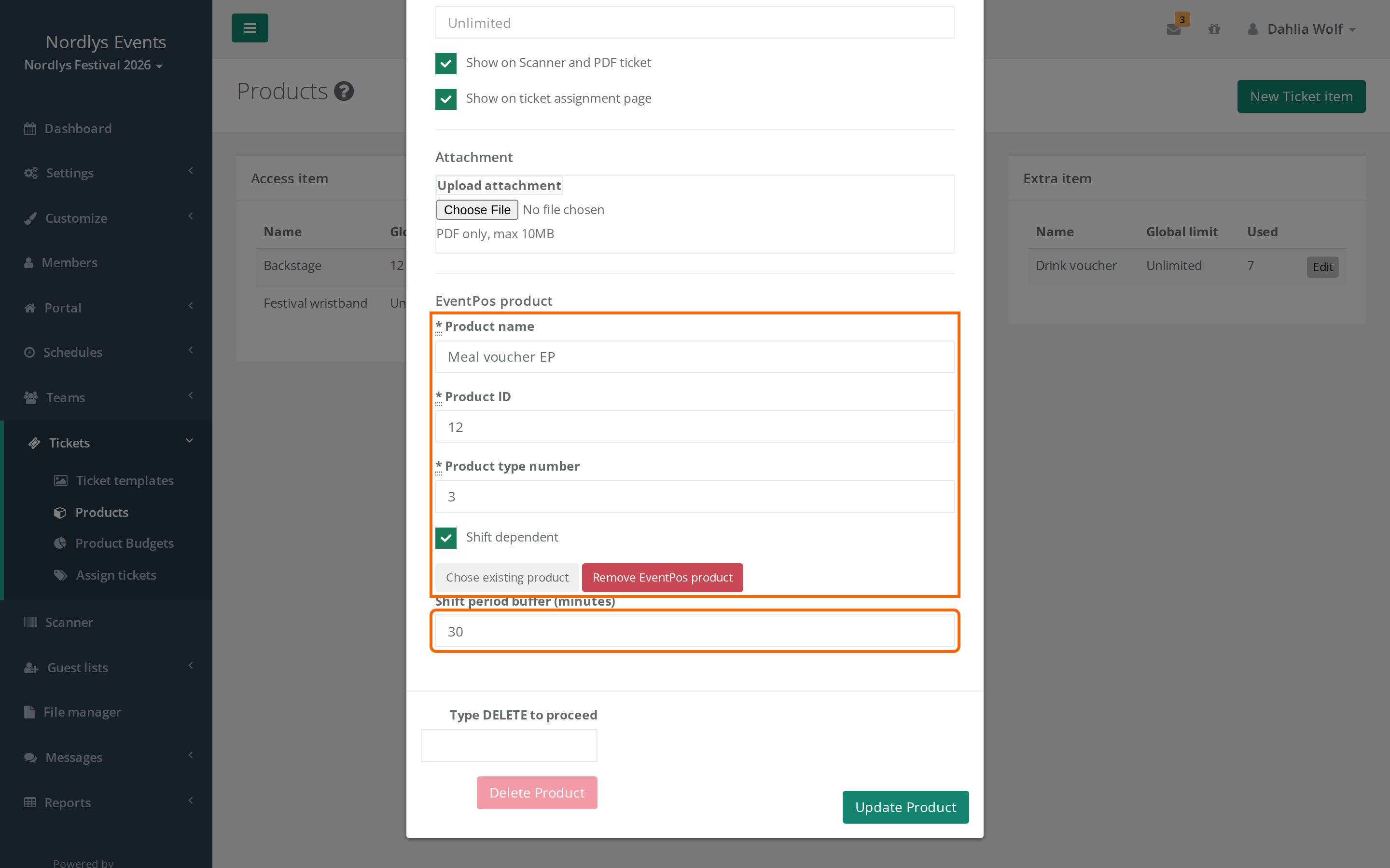the window for editing a product with the EventPos product section filled in and Shift period buffer (minutes)