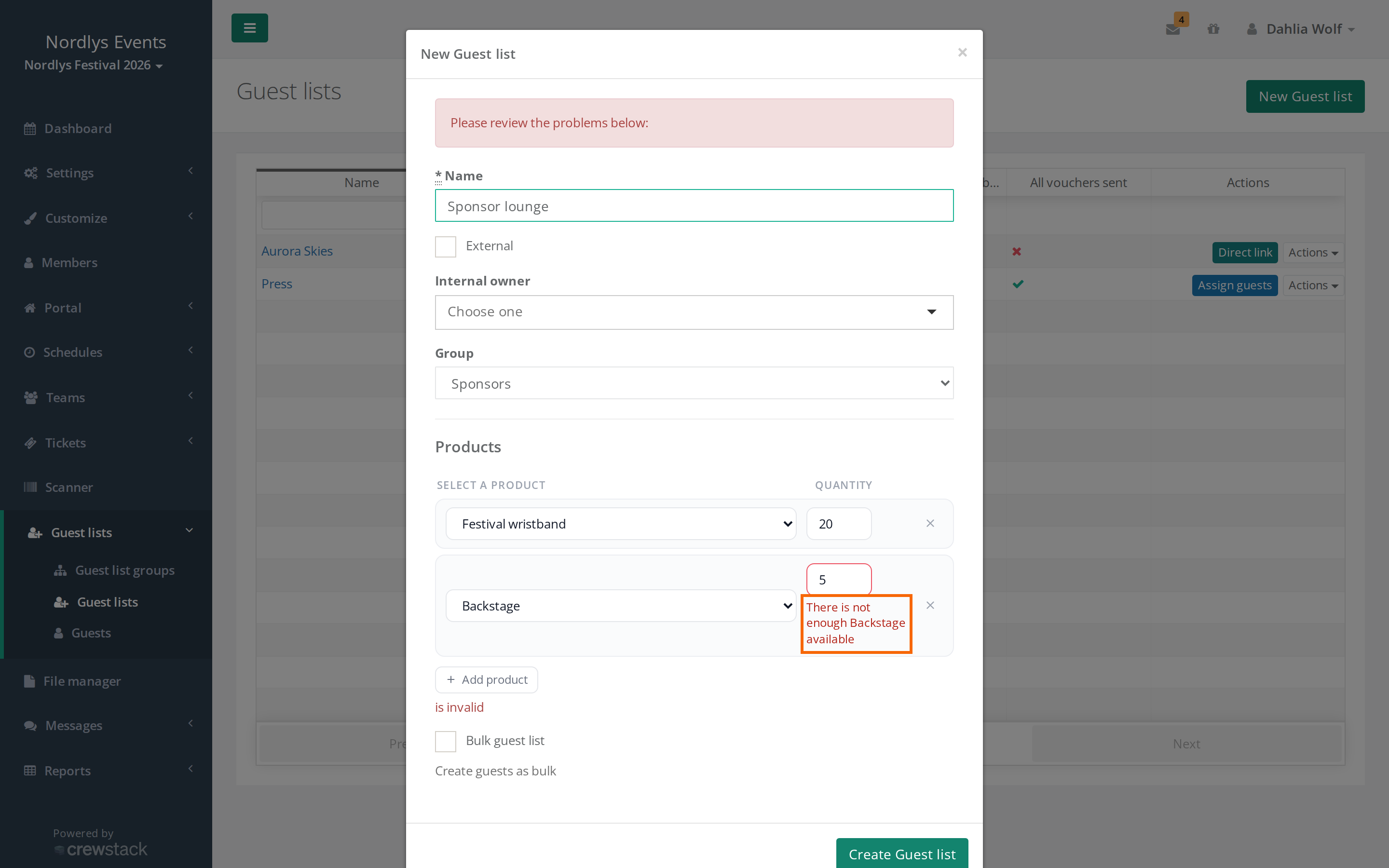 the Products section with the error "There is not enough … available" at the quantity