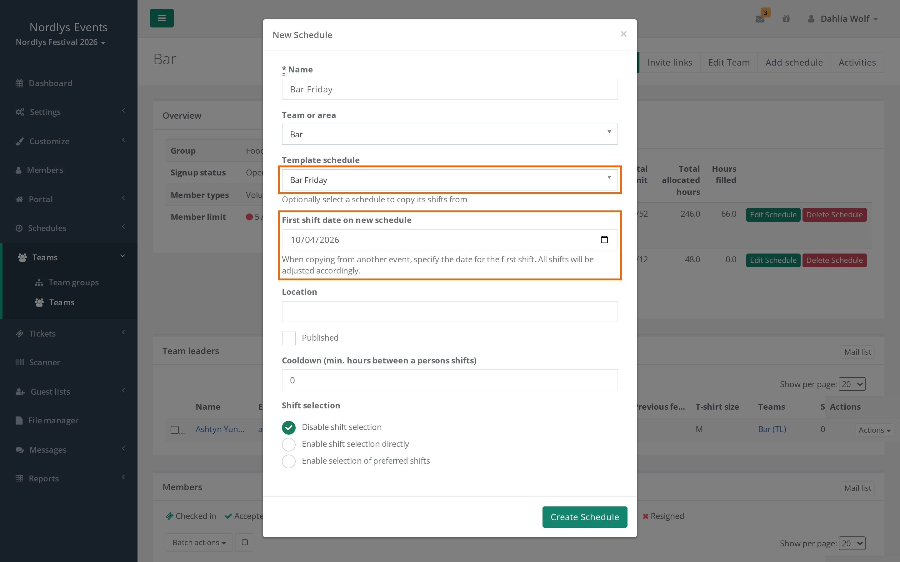 Add schedule with a template from last year's event and the First shift date on new schedule field