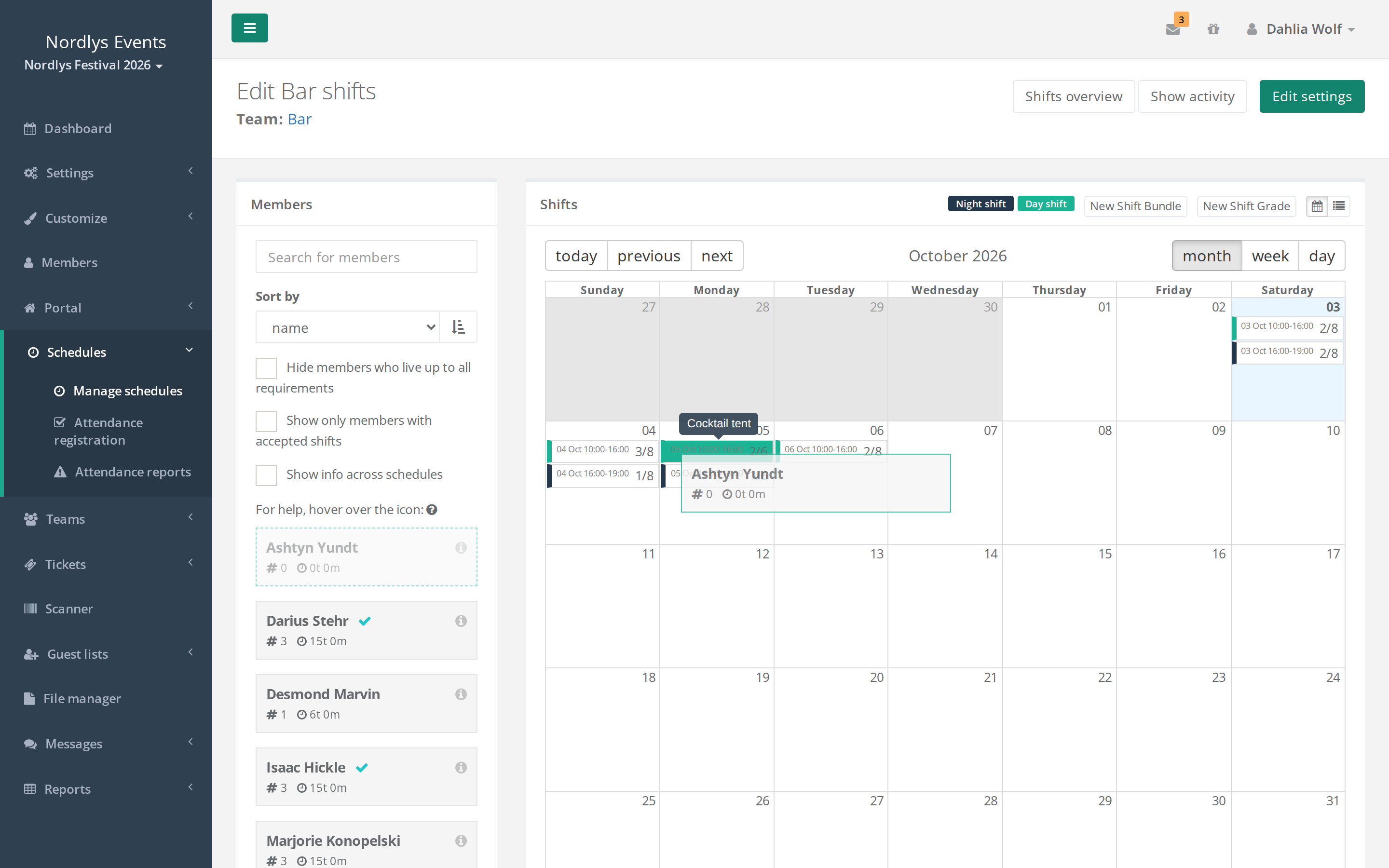 the schedule planner with Members on the left and a person being dragged onto a shift