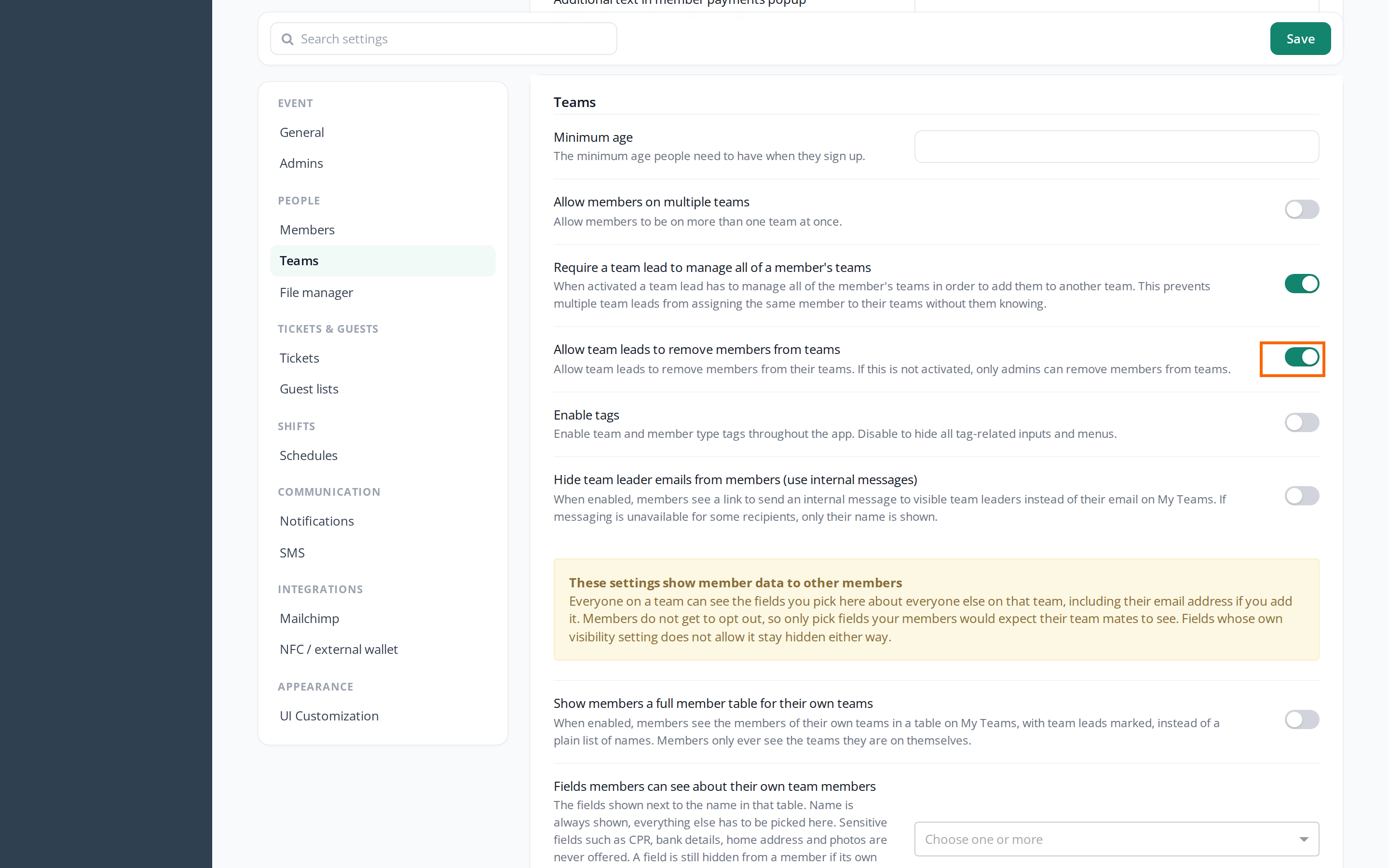 General settings, the Teams section with Allow team leads to remove members from teams switched on