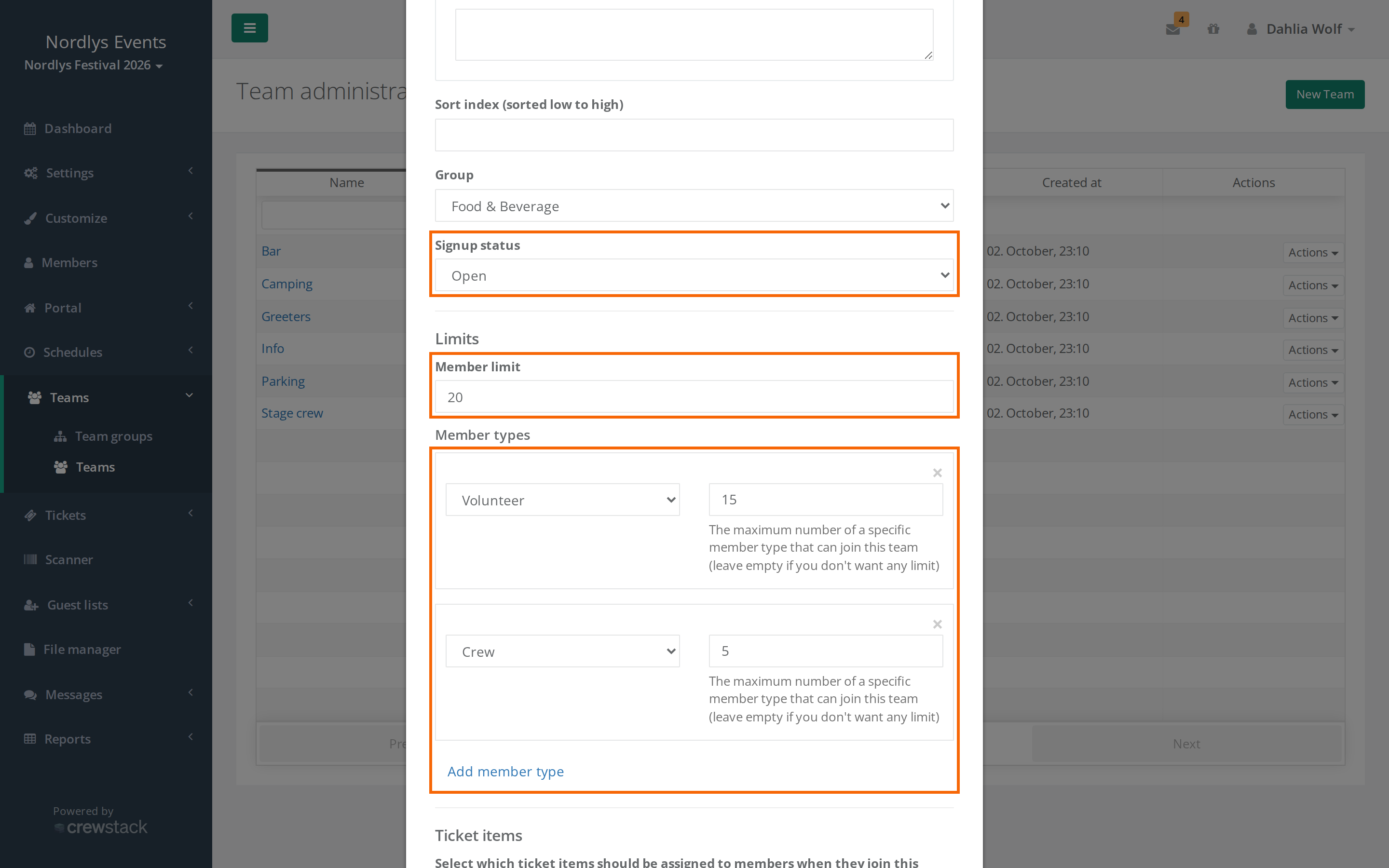 The New Team form with Signup status, Member limit and two member types with their own limits