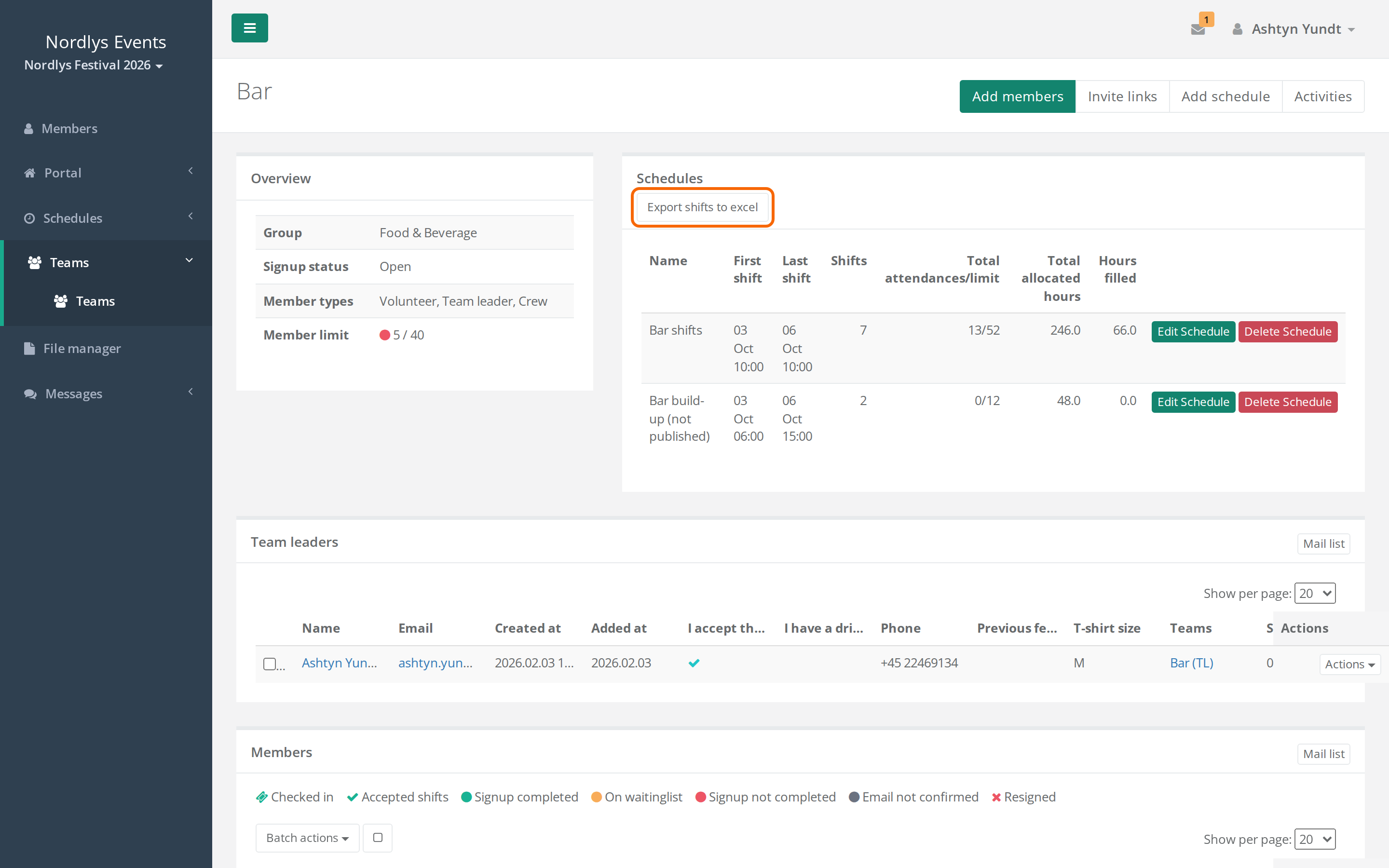 the team page with the Export shifts to excel button above the Schedules list