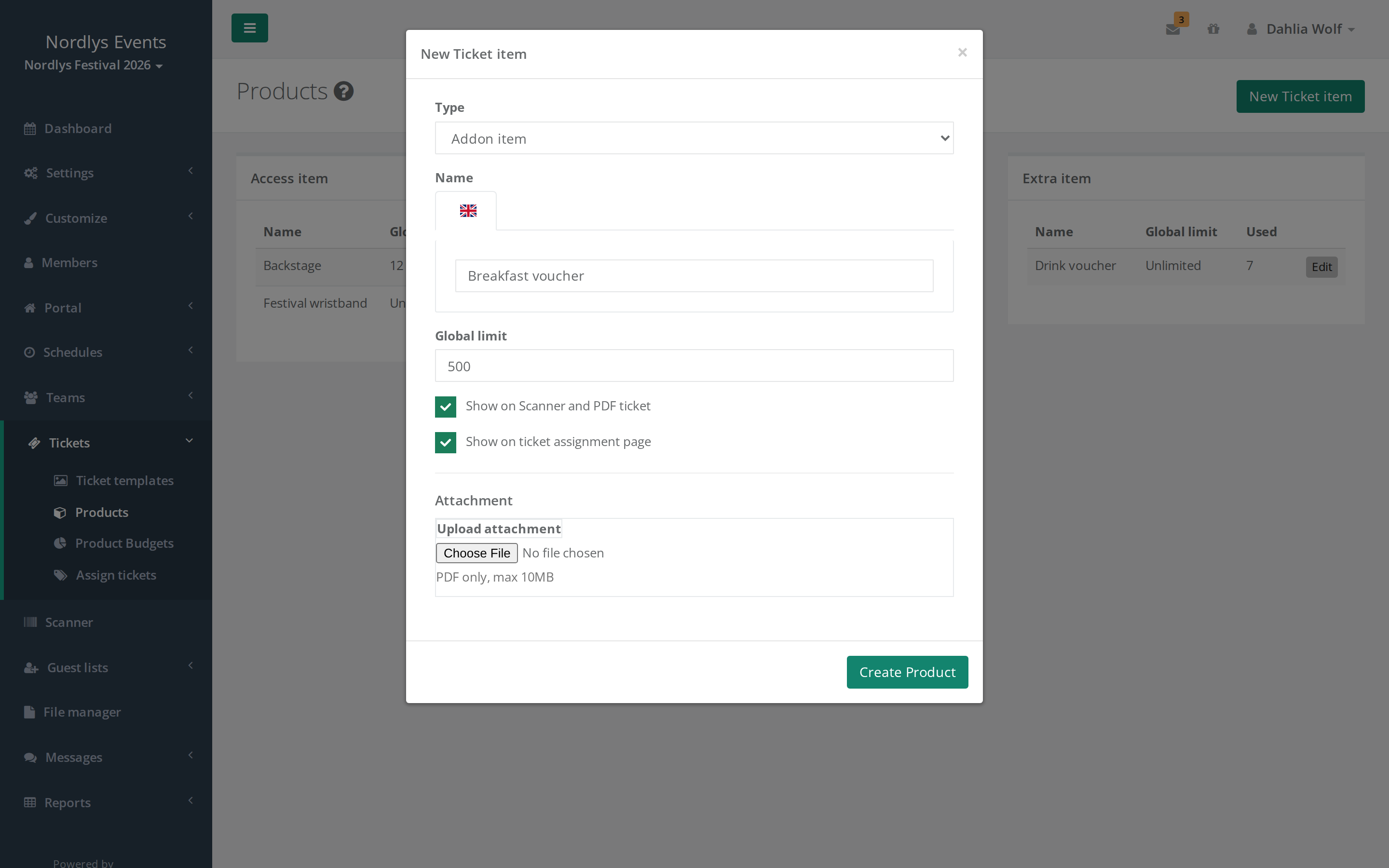 The New Ticket item window with group, name, Global limit and the two checkboxes