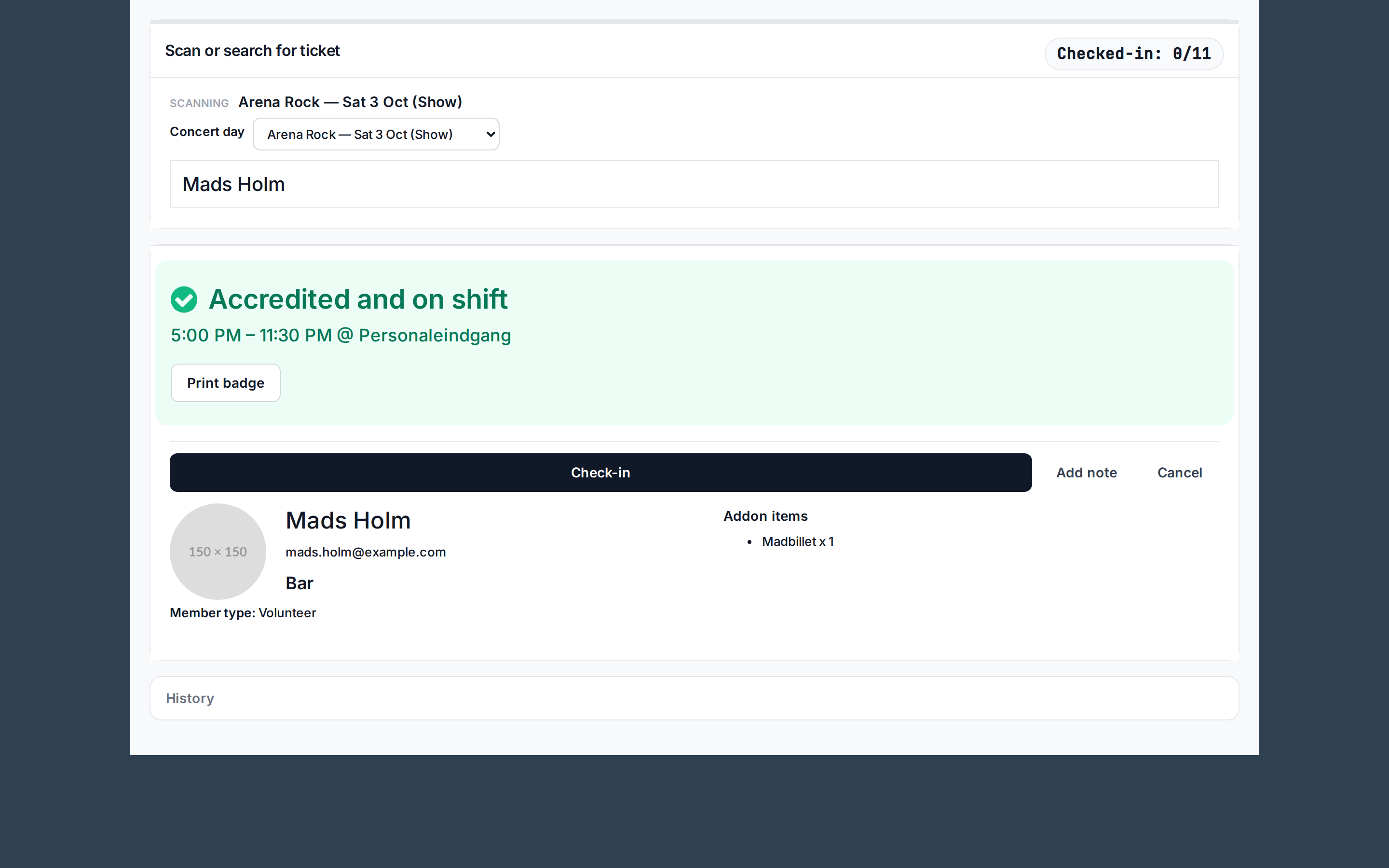 a green result with Accredited and on shift, the shift's time and the Check-in and Print badge buttons
