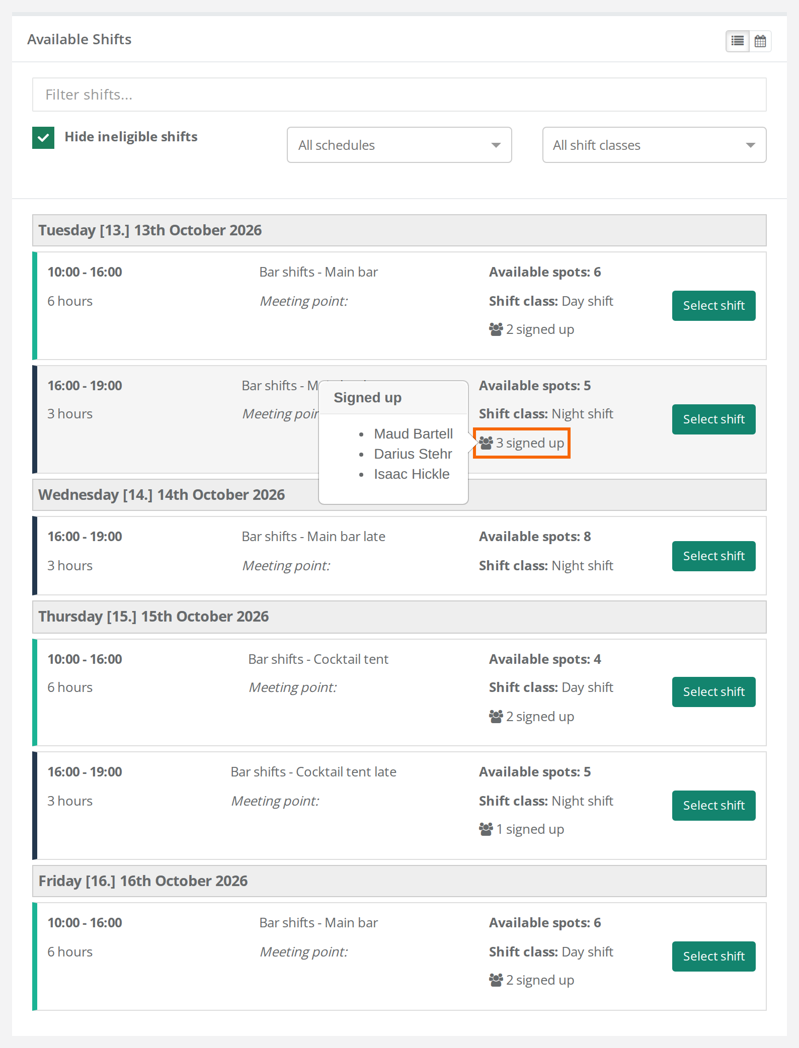 Available shifts in the shift selector with the signed-up count on a shift and the popover listing three names