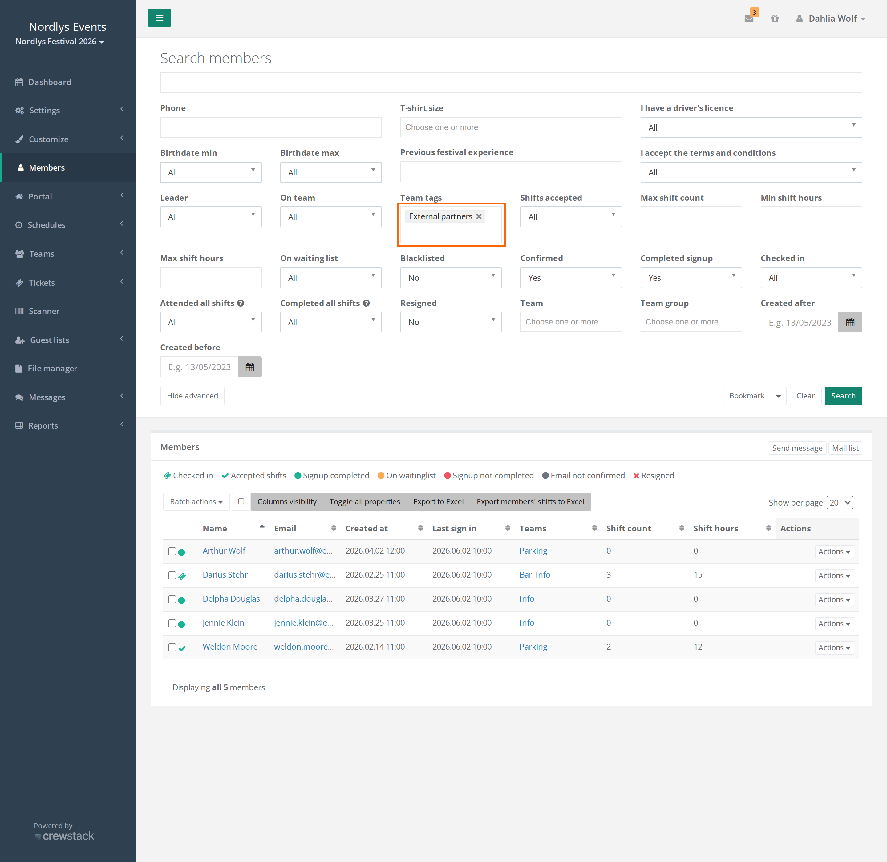 Advanced search on Members with Team tags set to one tag and the matching people listed
