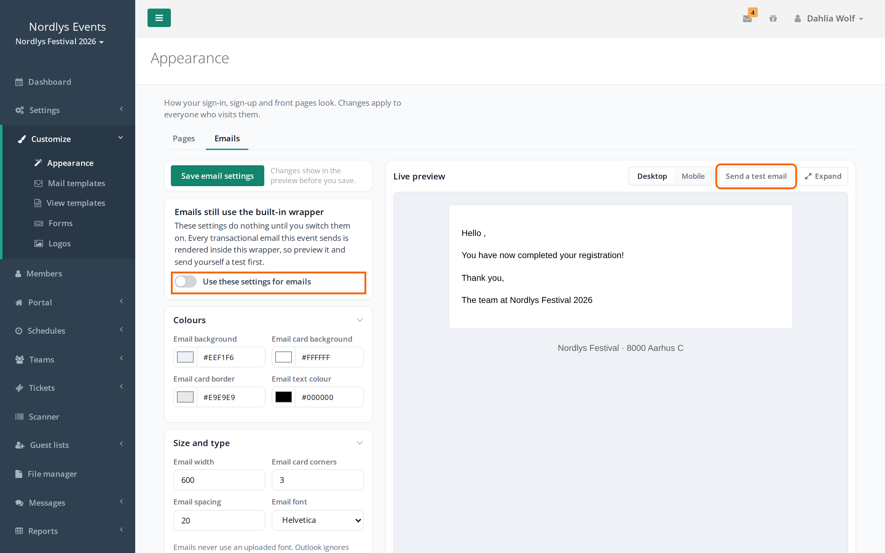 The Emails tab: the switch, the email settings and the live preview of the email wrapper
