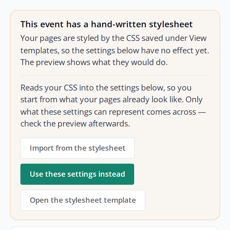 The card at the top of the Pages tab for an event with a hand-written stylesheet, with the import and switch buttons
