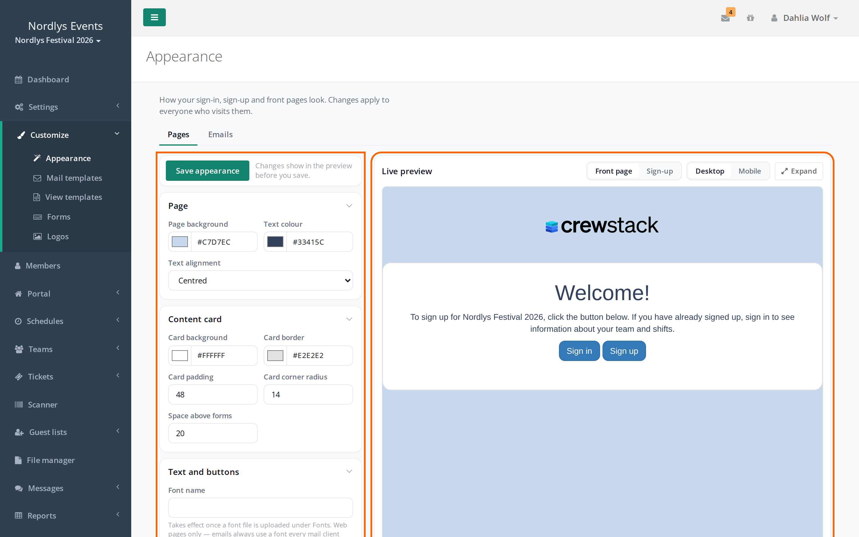The Pages tab: the settings on the left and the live preview of the front page on the right