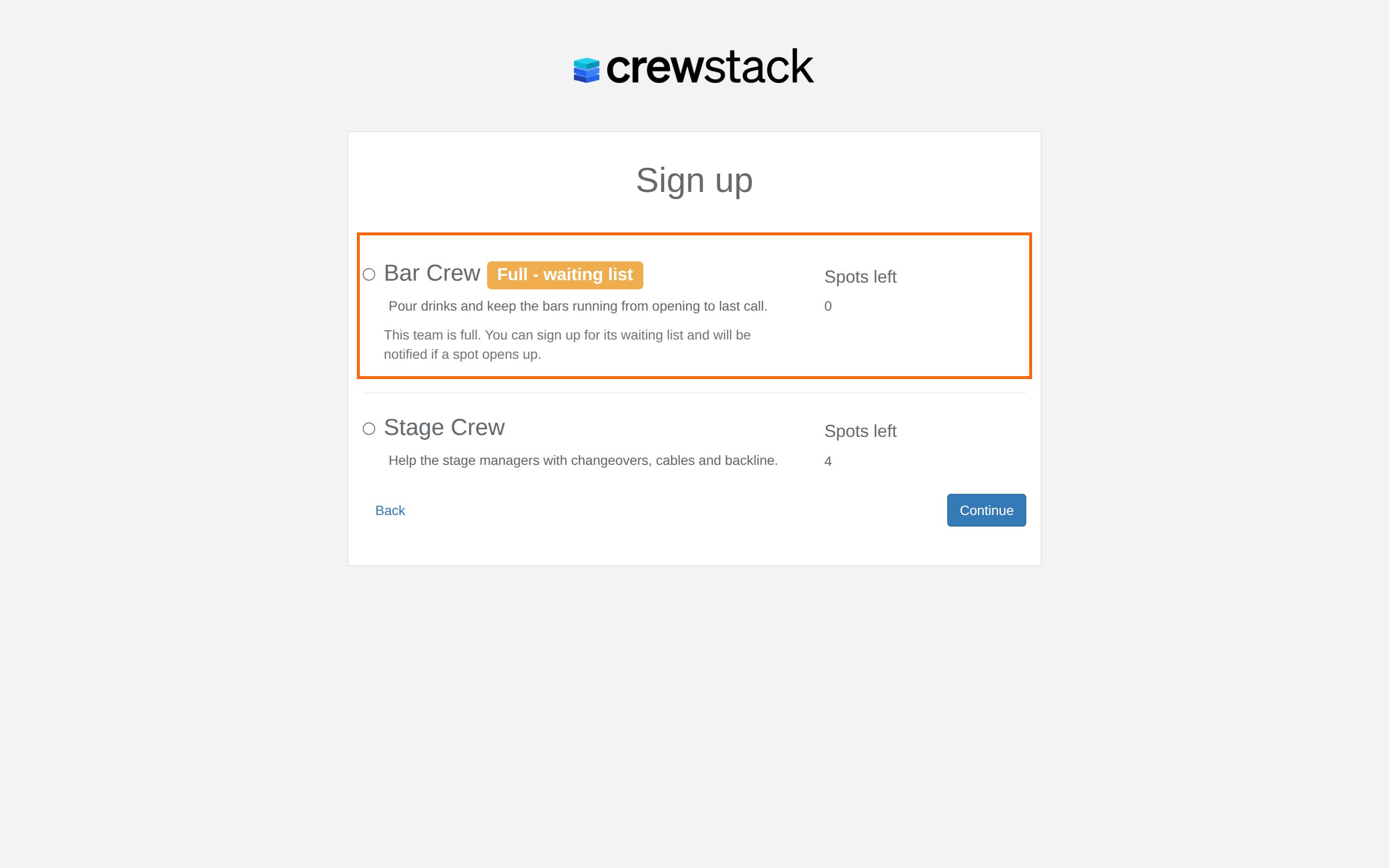 The team step of the signup with a full team marked Full - waiting list and a team with free spots