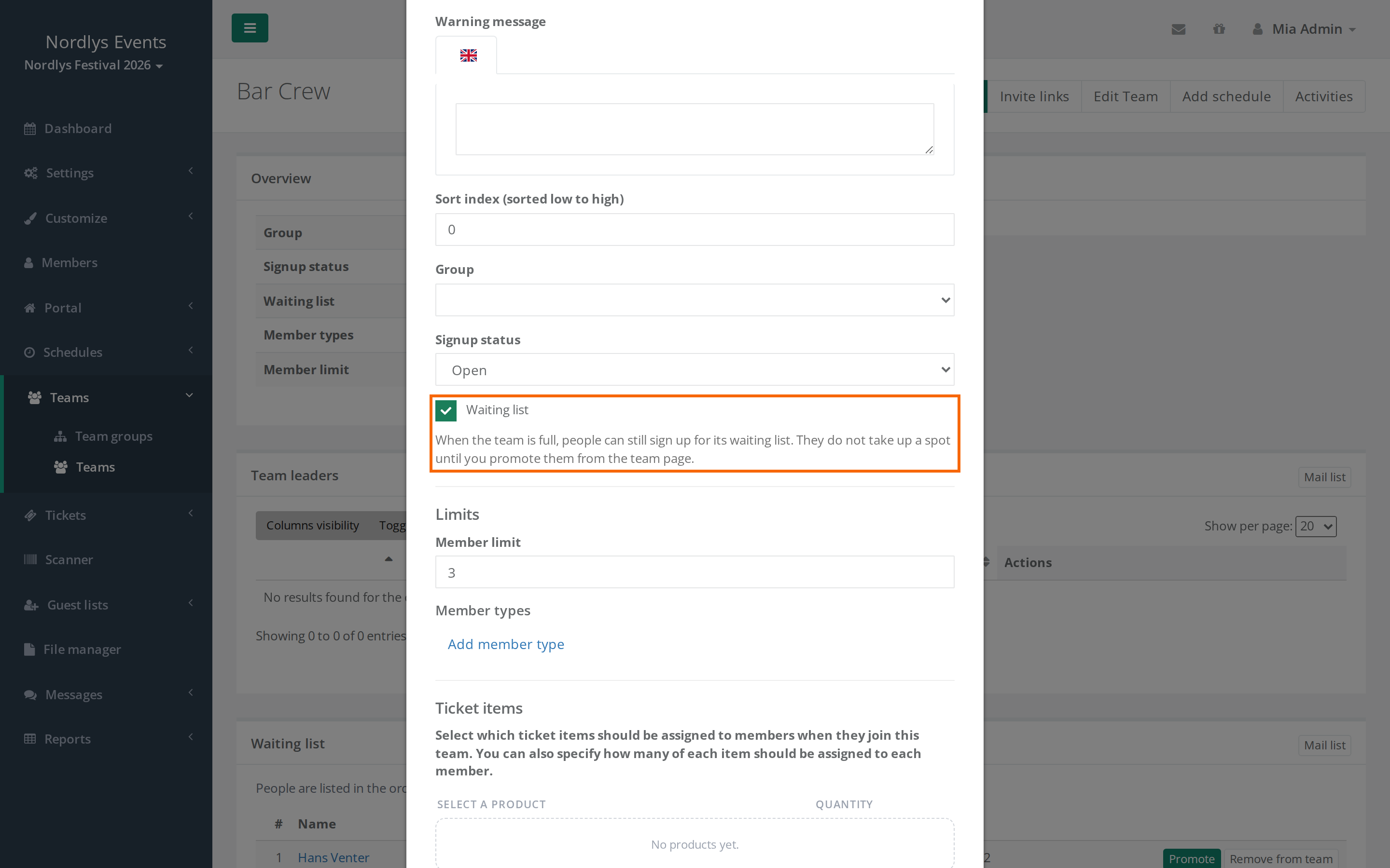 The Edit Team form with the Waiting list checkbox ticked below Signup status